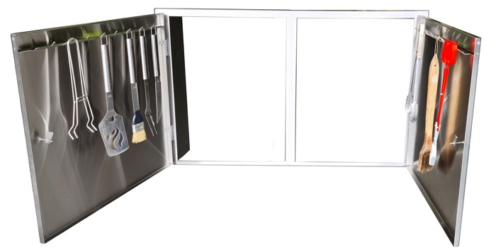 Stainless steel frame with cabinet doors